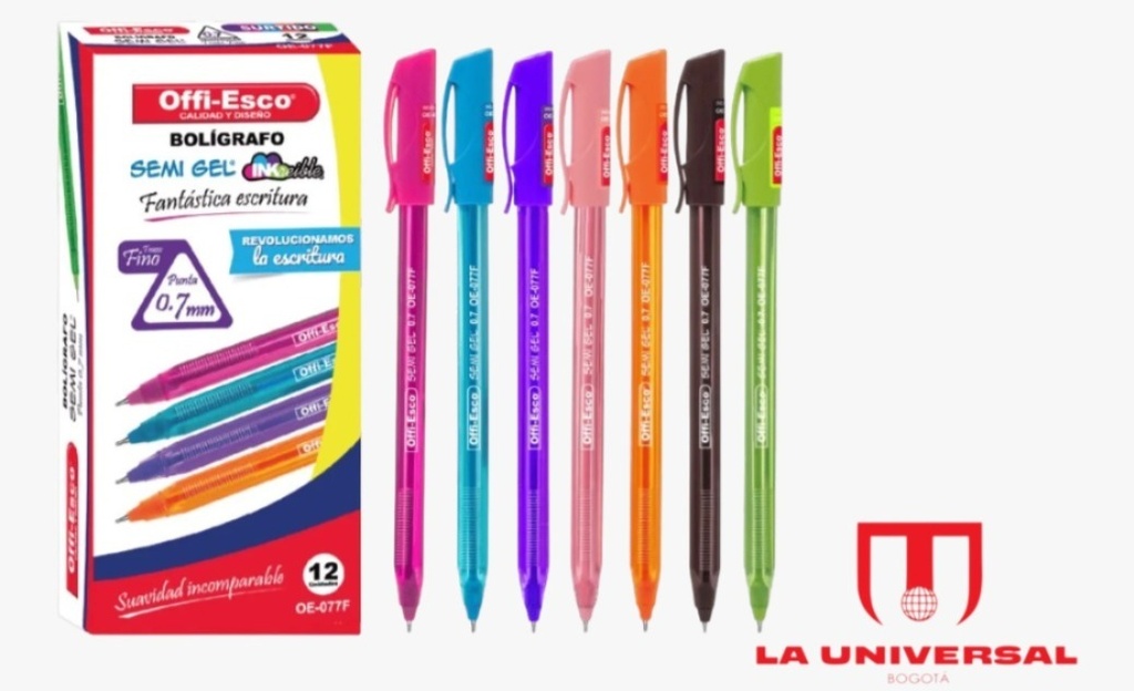 Caja de Bolígrafos Offi-Esco Semi Gel (Punta 0.7 mm) - Caja x 12 unidades TINTA COLORES